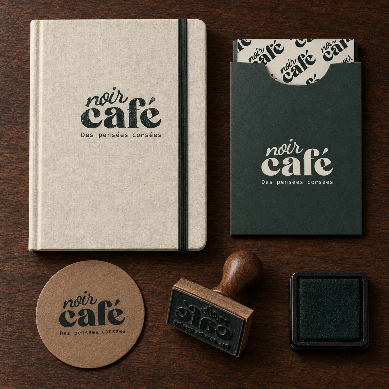 Carnet, marque-page, sous-verre et tampon portant l’identité Noir Café.