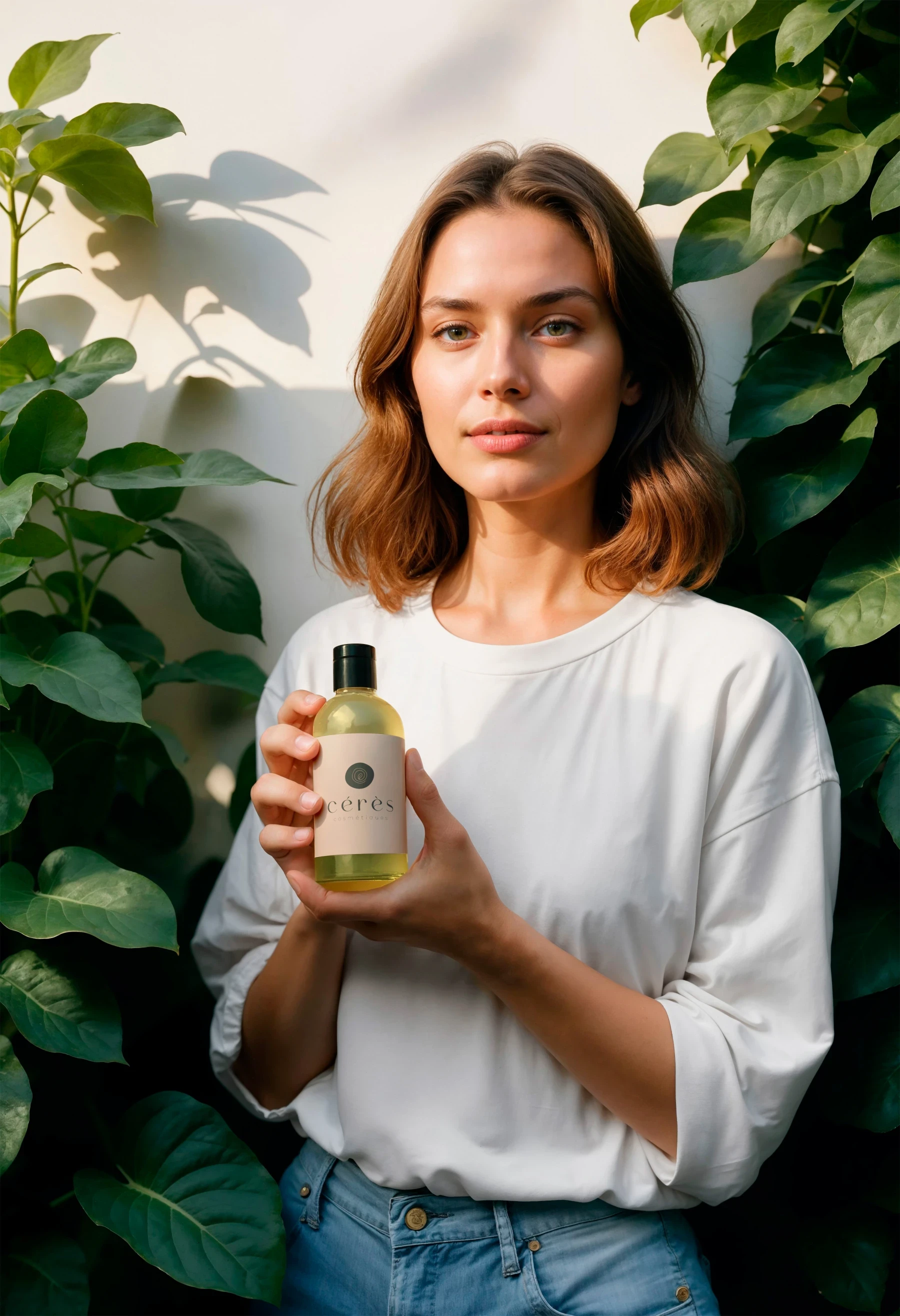 Femme présentant un flacon de soin Cérès Cosmétiques au milieu de feuillages.