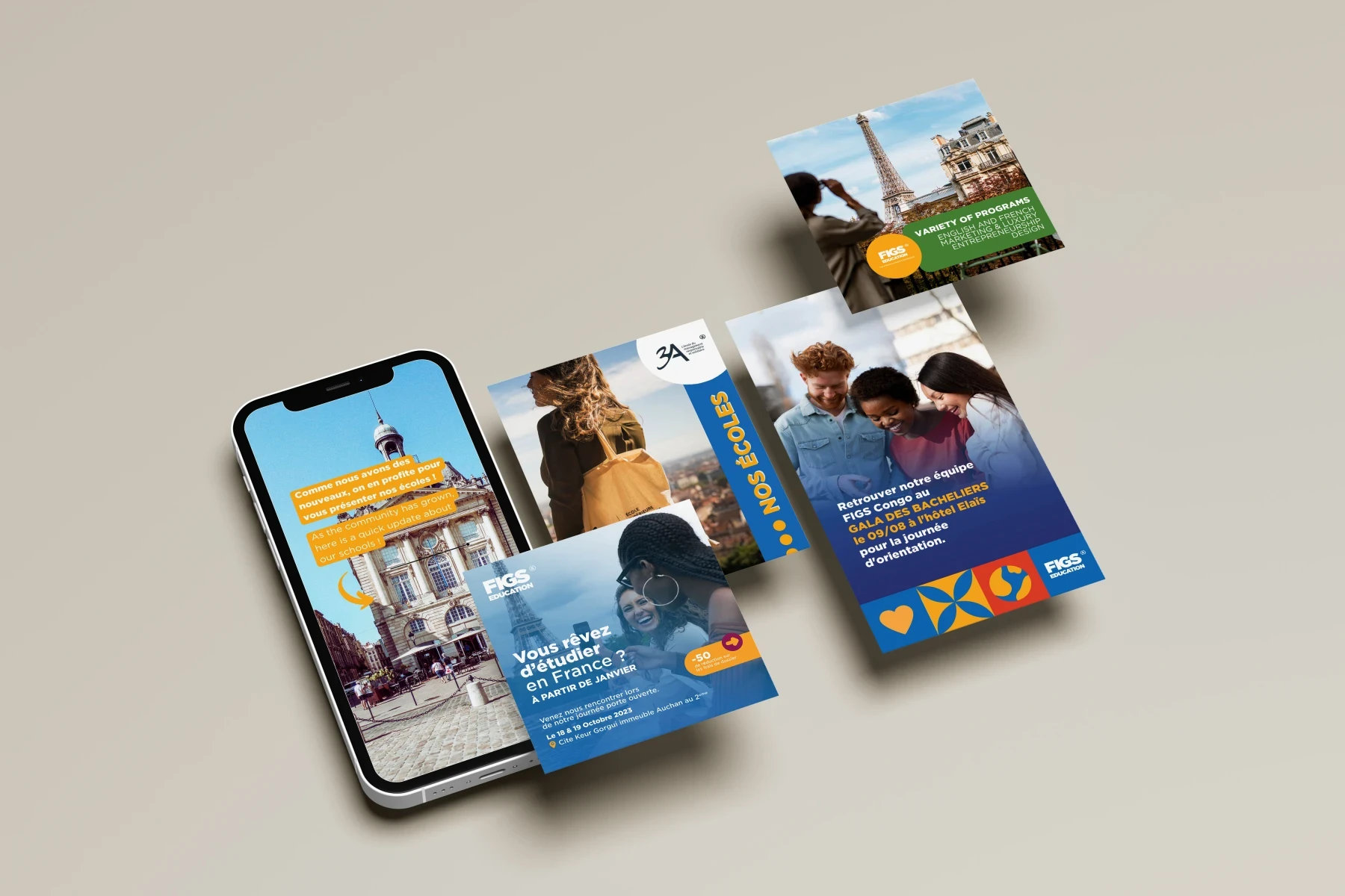 Déclinaisons numériques et publications FIGS Education présentées sur un téléphone et des supports imprimés.