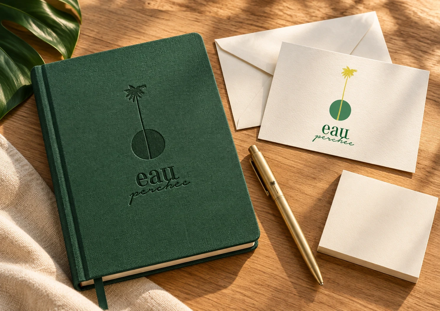 Carnet vert embossé, cartes et enveloppe de la villa Eau Perchée.