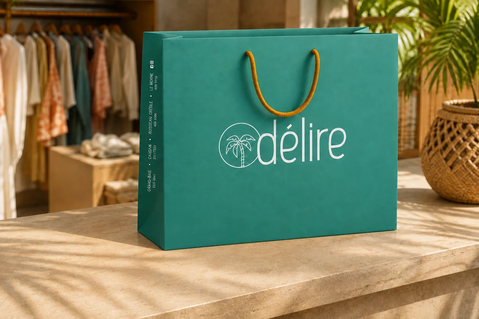 Sac de boutique Délire turquoise avec le logo blanc et des anses en corde jaune.