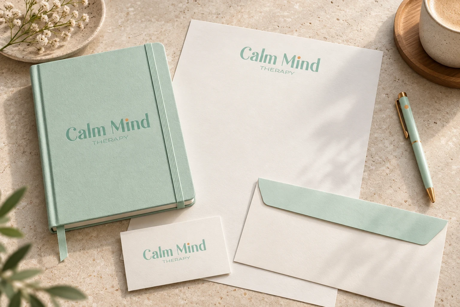 Carnet, papier à en-tête, enveloppe et carte de visite Calm Mind Therapy dans des tons vert doux.