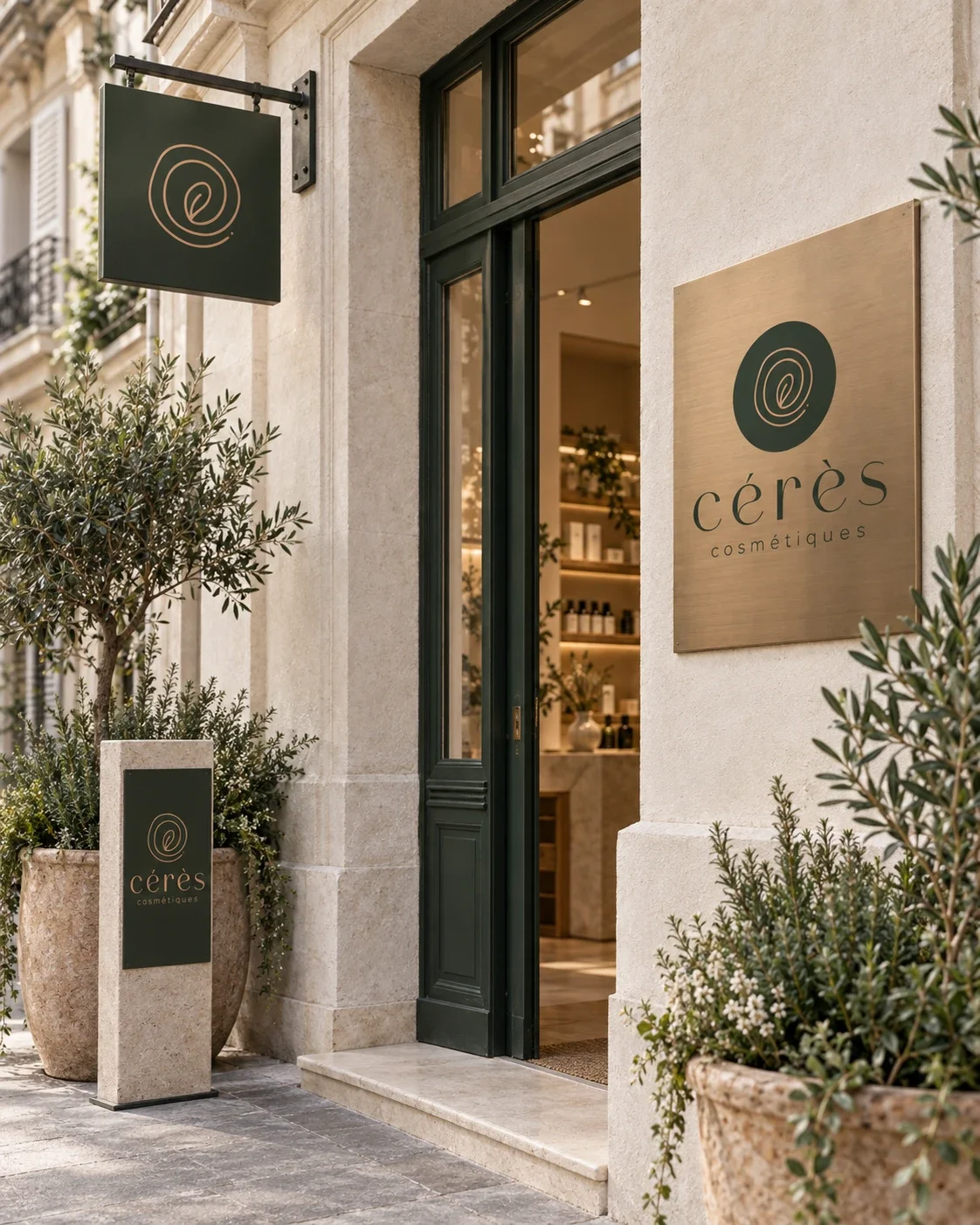 Enseigne et plaque Cérès Cosmétiques sur la façade d’une boutique.
