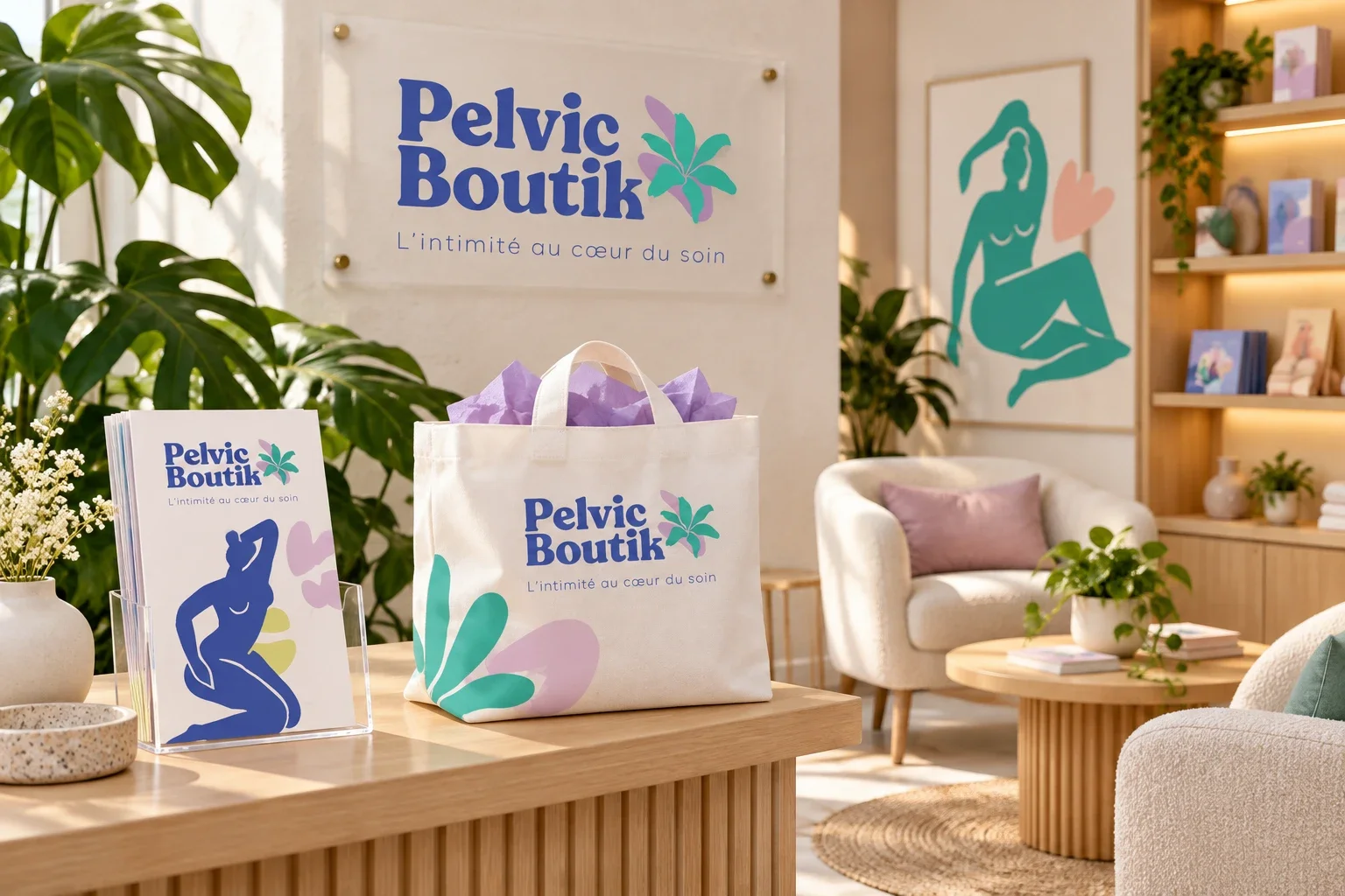 Espace conseil Pelvic Boutik avec une enseigne, un tote bag et une brochure illustrée.