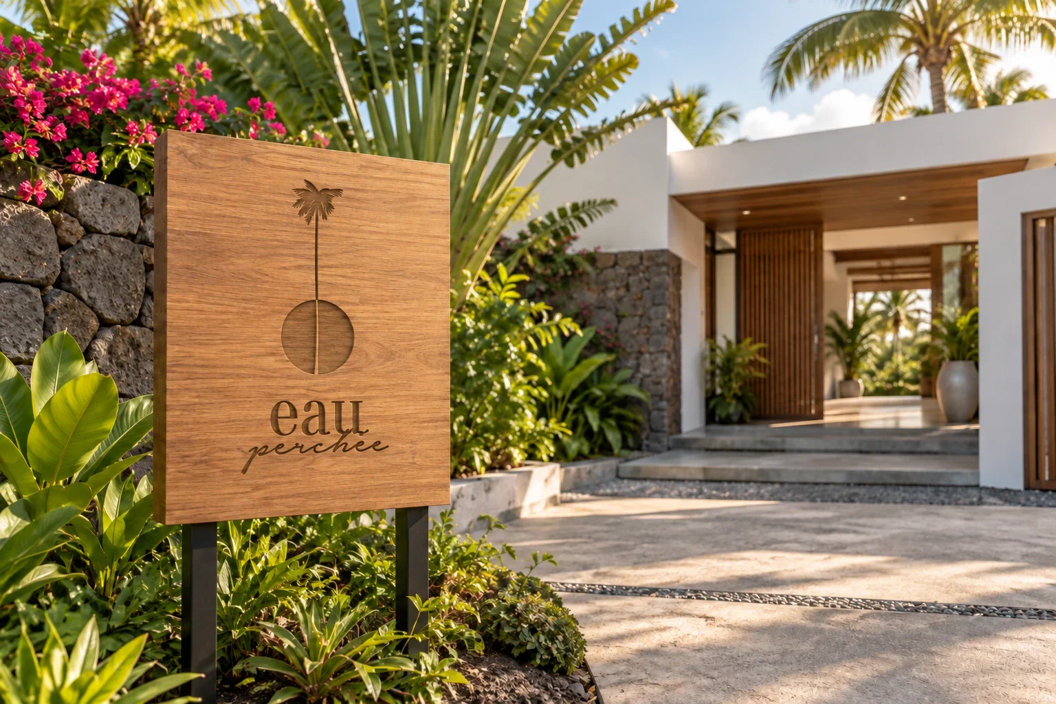 Enseigne Eau Perchée gravée dans le bois devant l’entrée tropicale de la villa.