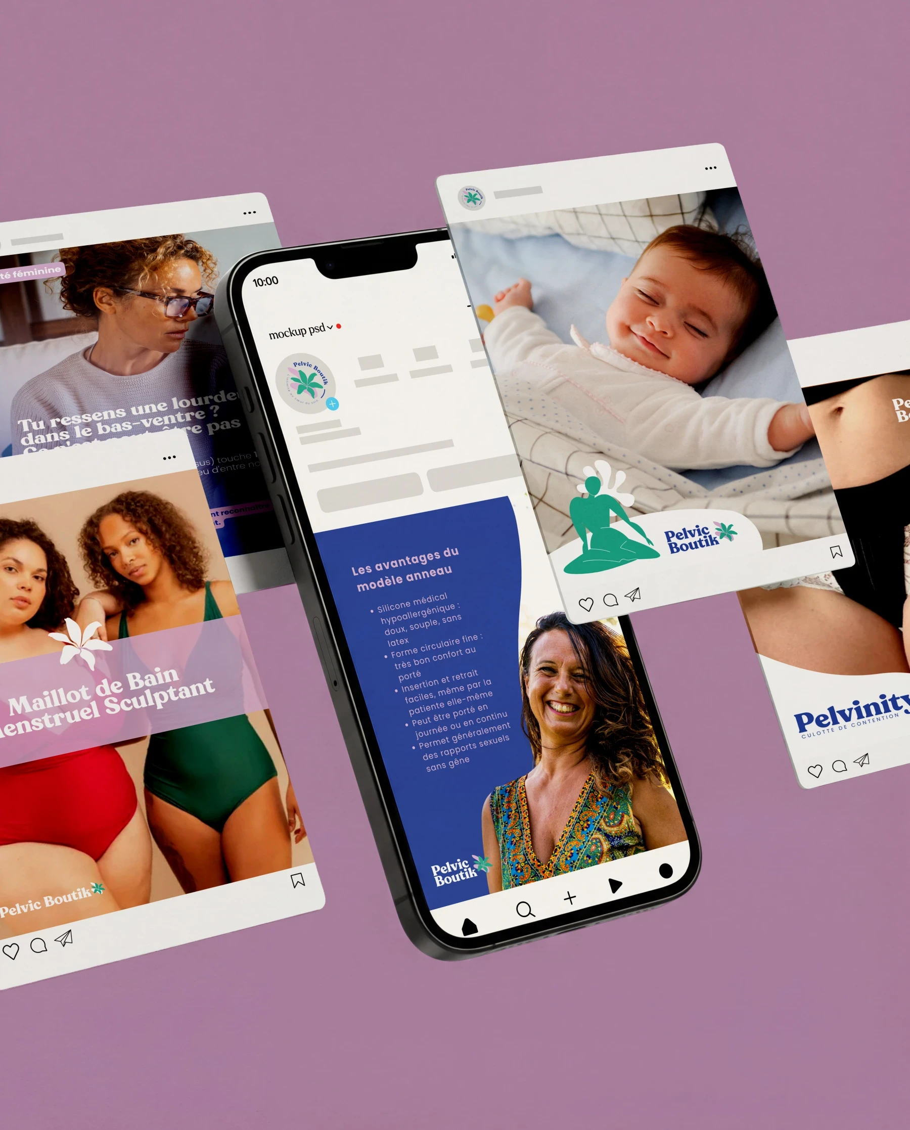 Présentation des publications Pelvic Boutik sur les réseaux sociaux autour d’un téléphone.