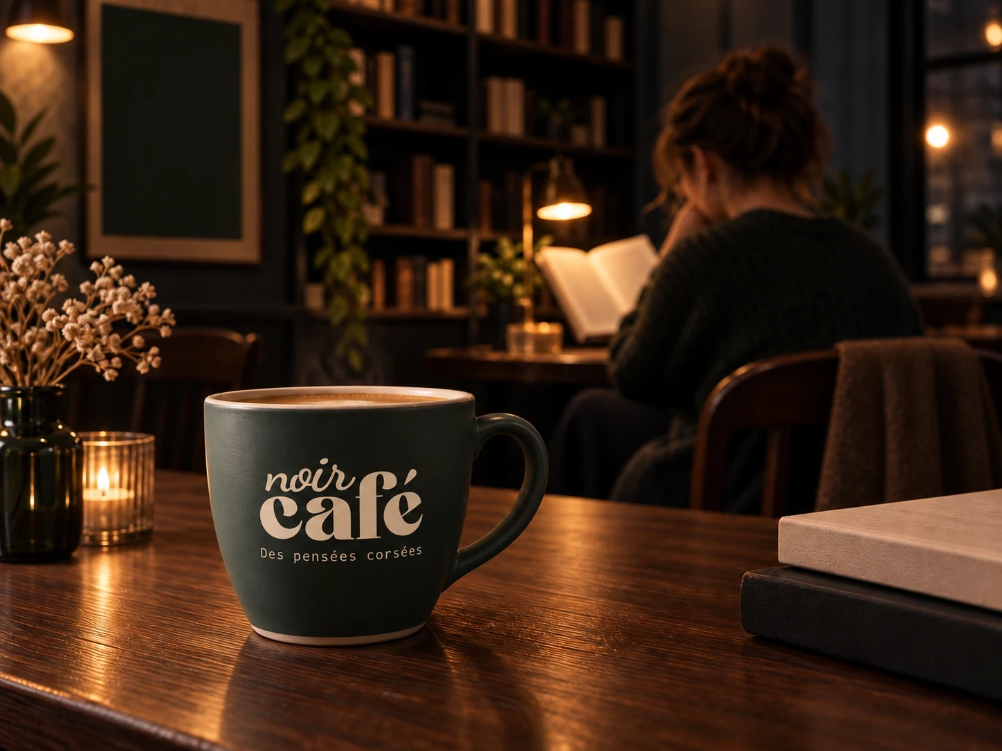Tasse Noir Café au premier plan d’un café littéraire où une personne lit.