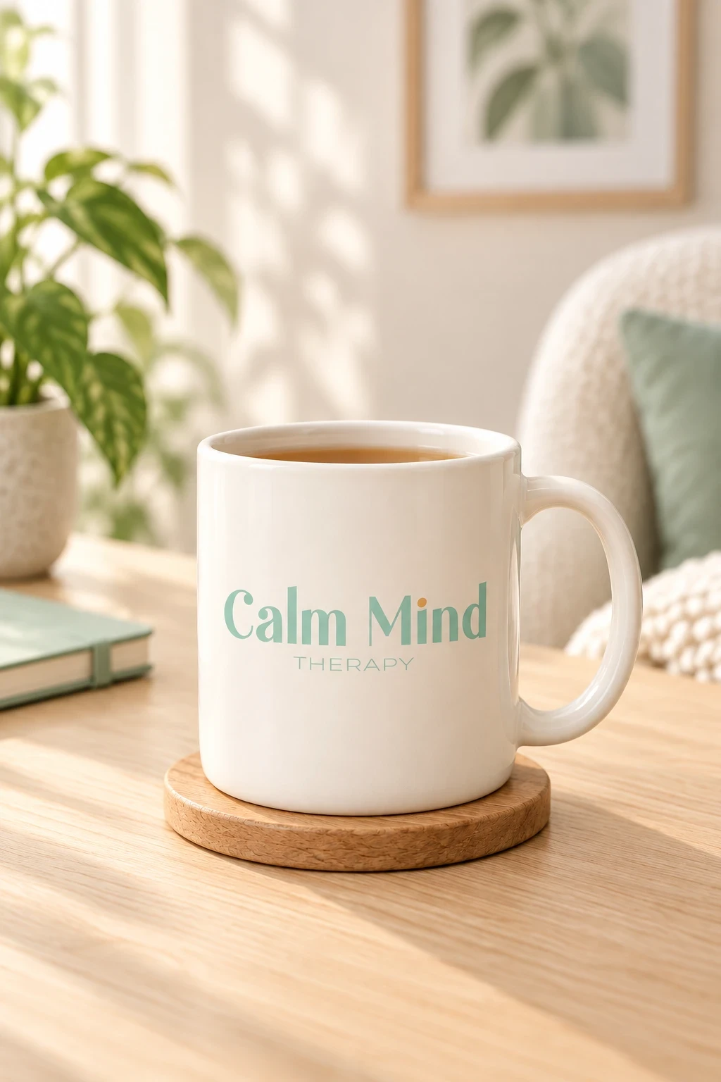 Tasse blanche portant l’identité Calm Mind Therapy sur une table en bois.