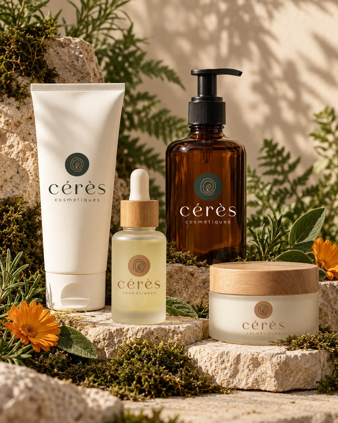 Gamme de soins Cérès Cosmétiques présentée parmi des fleurs et des feuillages.