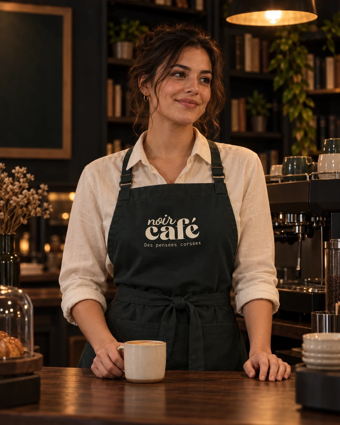 Serveuse portant un tablier sombre avec le logo Noir Café.